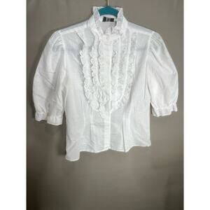 Fritzi VTG 70’s White Ruffle Button Top Coquette Fairy Work Summer SZ L